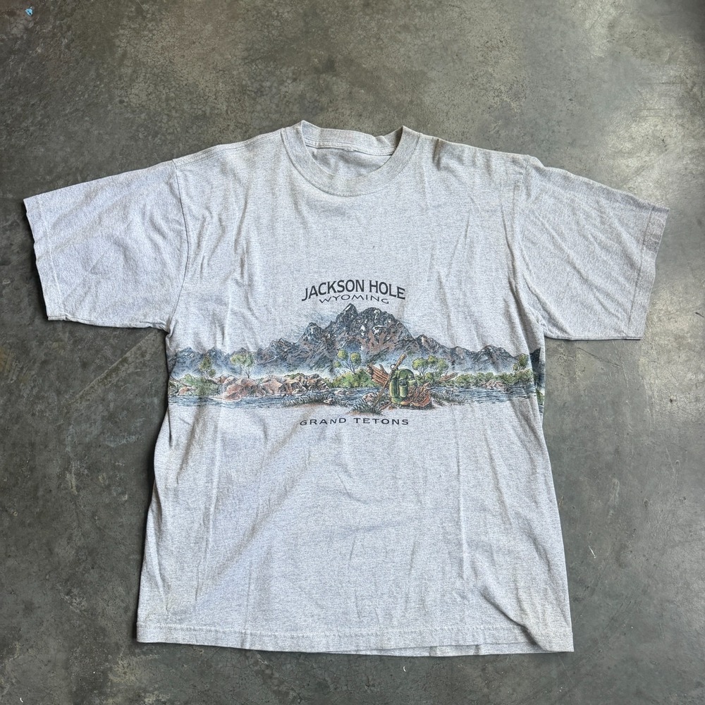 Vintage Jackson Hole Grand Tetons Wrap Around Nature Shirt Gray Mens L 21.5x29